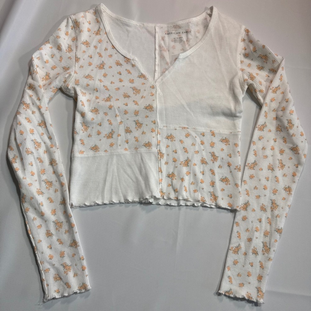 Cottagecore Women XS‎ American Eagle Floral Waffle Knit Patchwork Thermal Top